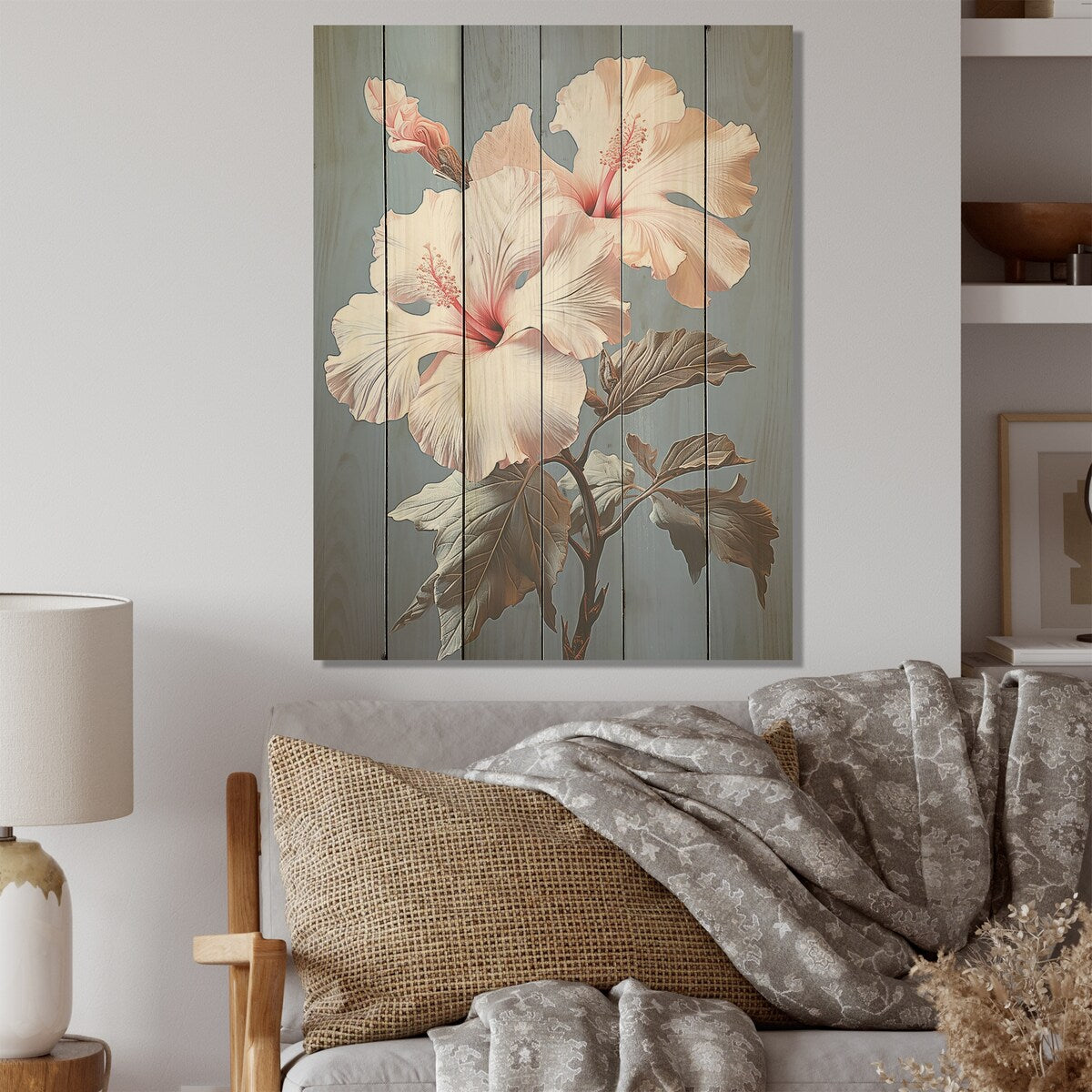 Designart "Soft Pink Hibiscus Bloom Bouquet I" Hibiscus Wood Wall Decor - Traditional Wood Panel On Natural Pine Wood