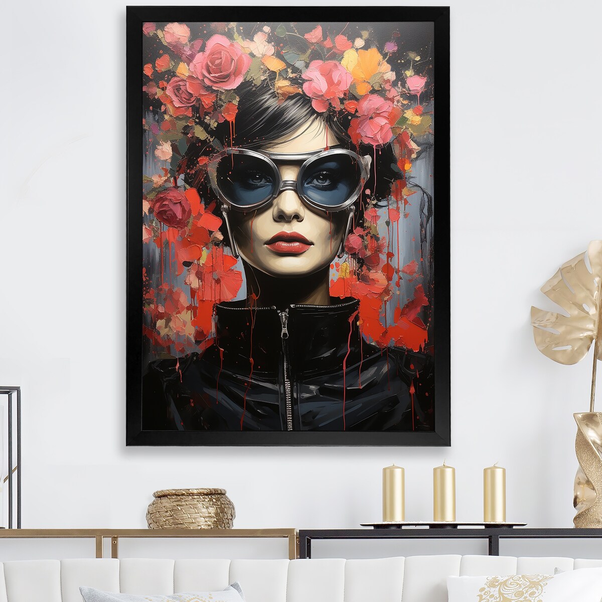 Designart "Streetart Catwoman Blooms Portrait" Woman Wall Decor Pink - Glam Entryway Framed Wall Art