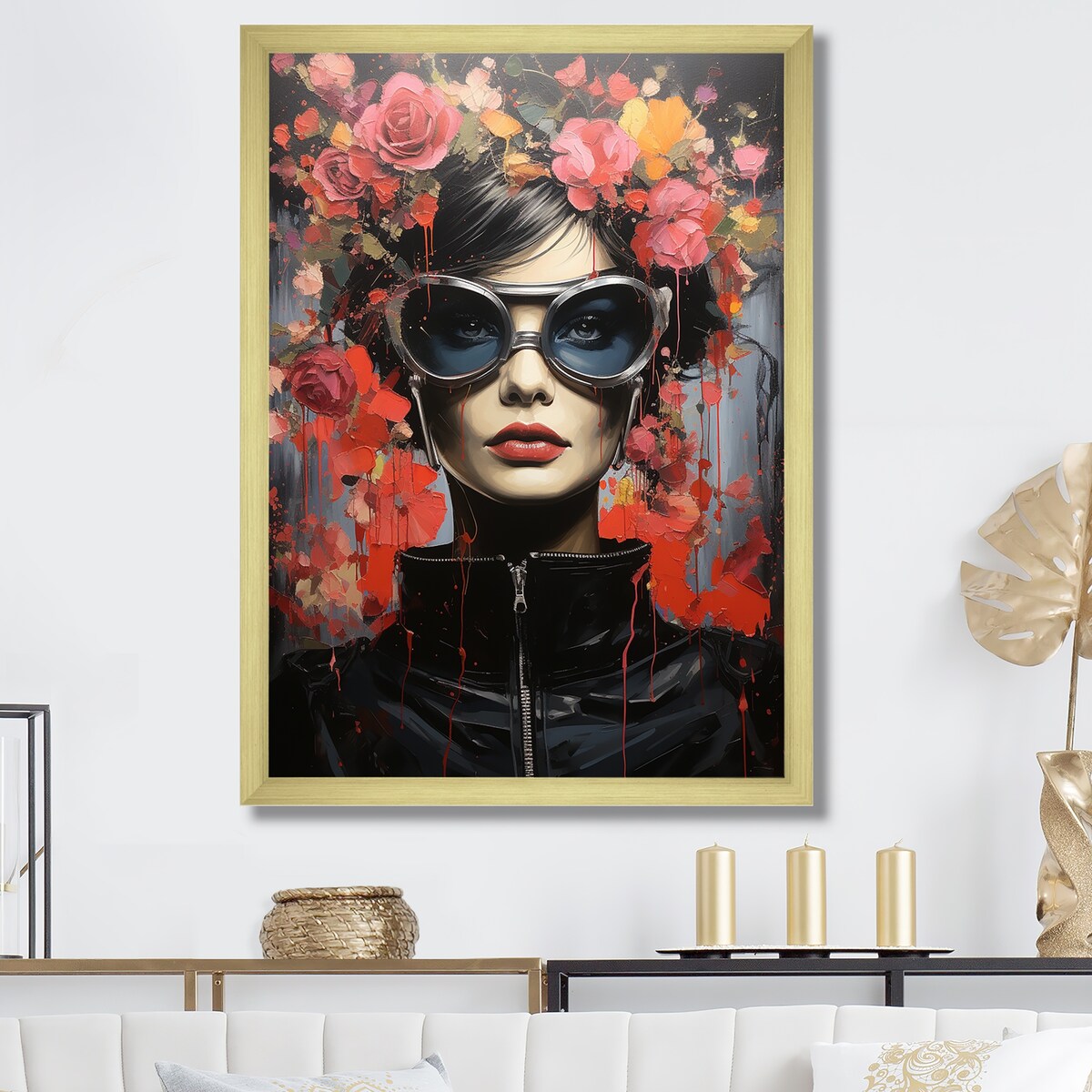 Designart "Streetart Catwoman Blooms Portrait" Woman Wall Decor Pink - Glam Entryway Framed Wall Art