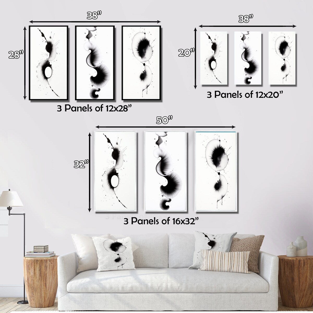 Designart "Subtle Ink Monochromatic Symphony IV" Abstract Painting Black - Canvas Set Of 3 For Living Room Decor