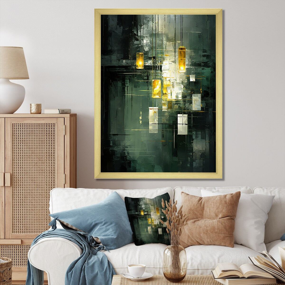 Designart "Sudden Serenity Abstract Retro Emerald And Gold" Abstract Painting Framed Canvas Prints