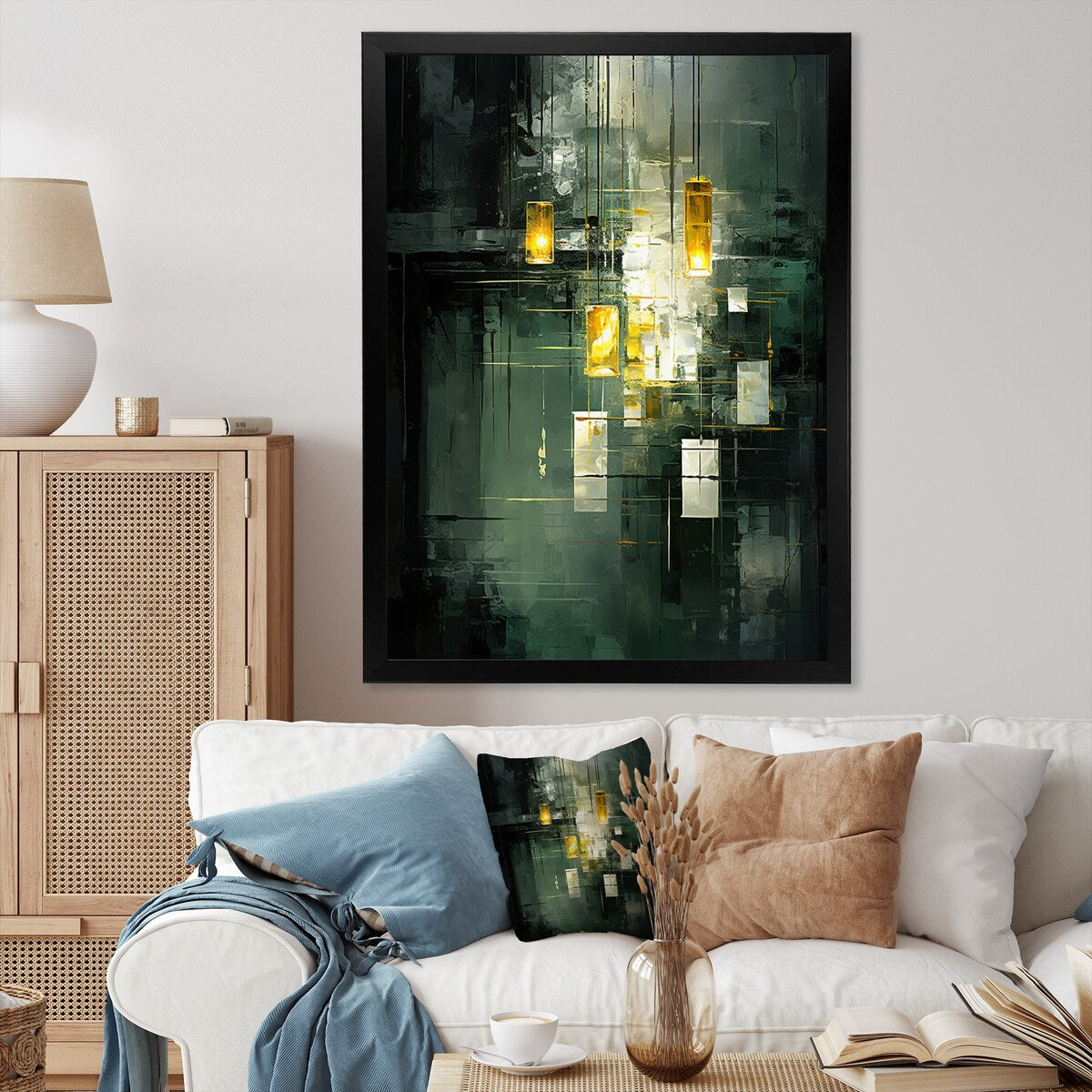 Designart "Sudden Serenity Abstract Retro Emerald And Gold" Abstract Painting Framed Canvas Prints