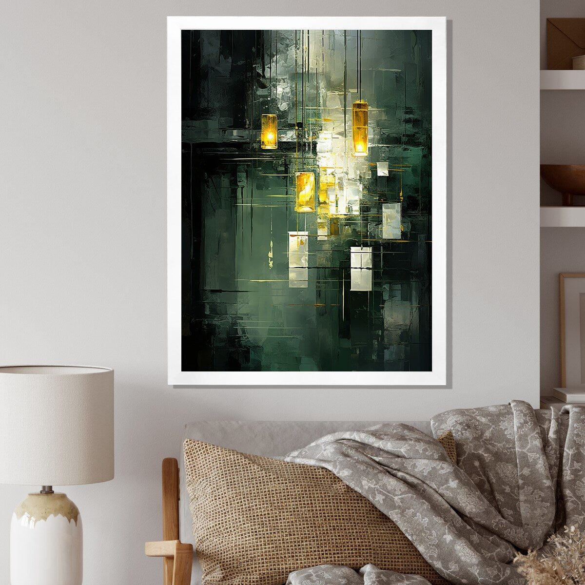 Designart "Sudden Serenity Abstract Retro Emerald And Gold" Abstract Painting Framed Canvas Prints