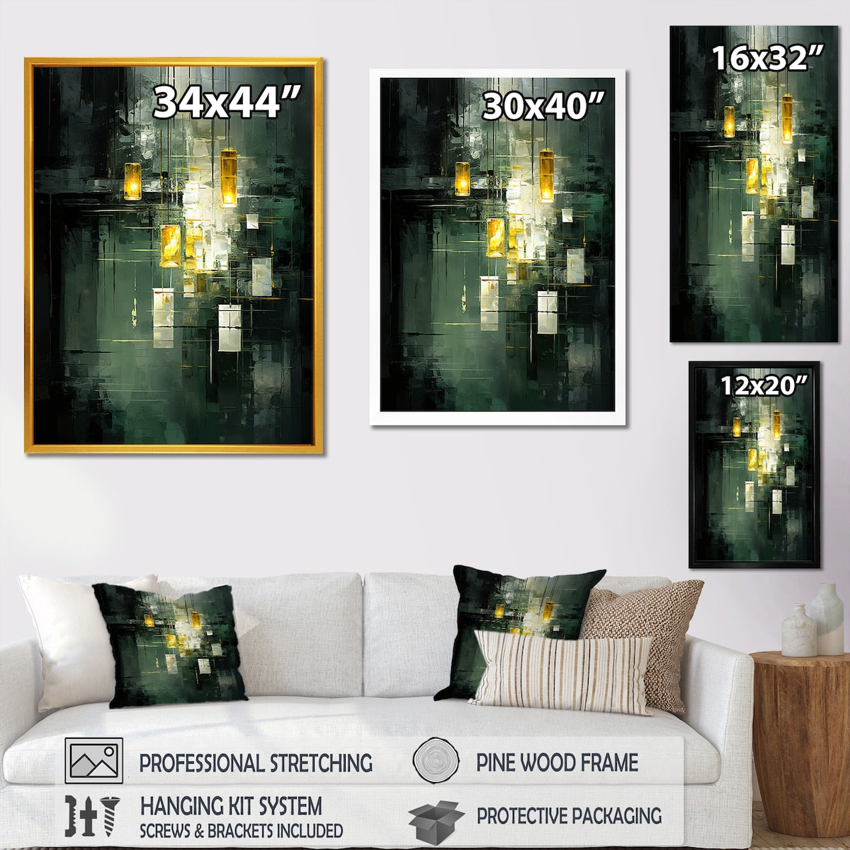 Designart "Sudden Serenity Abstract Retro Emerald And Gold" Abstract Painting Framed Canvas Prints
