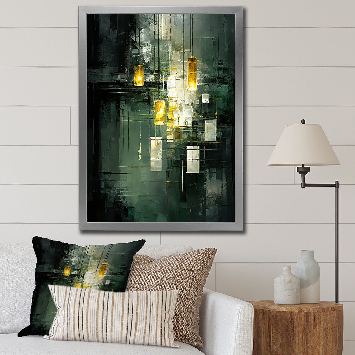 Designart "Sudden Serenity Abstract Retro Emerald And Gold" Abstract Painting Framed Canvas Prints