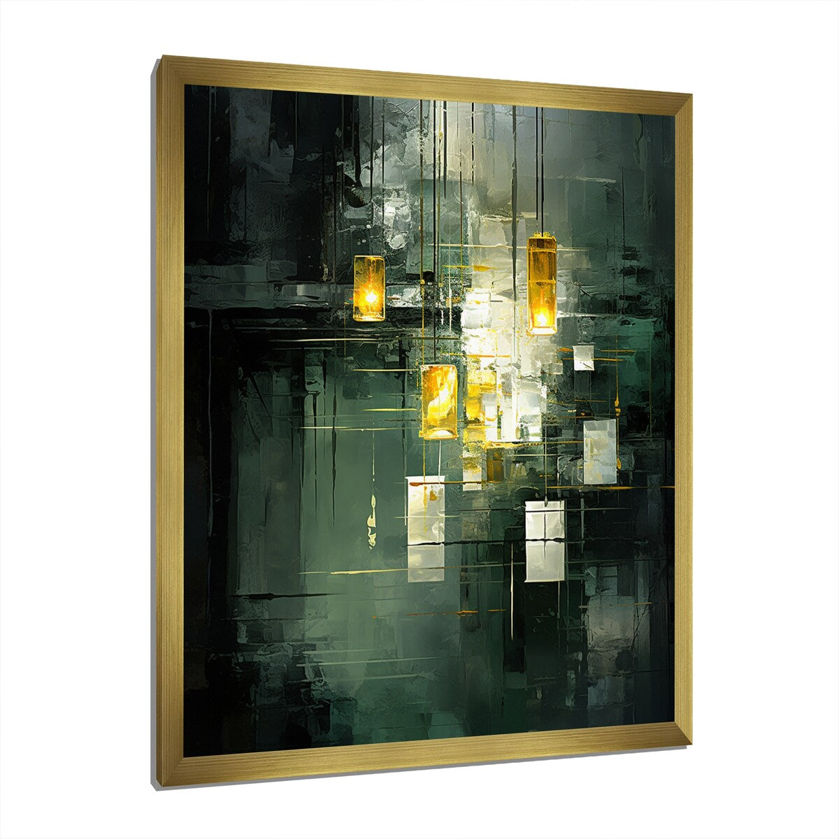 Designart "Sudden Serenity Abstract Retro Emerald And Gold" Abstract Painting Framed Canvas Prints