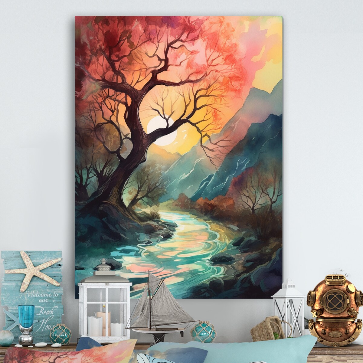 Designart "Sun Down Peaking Through Tree" Tree Floral Metal Wall Art
