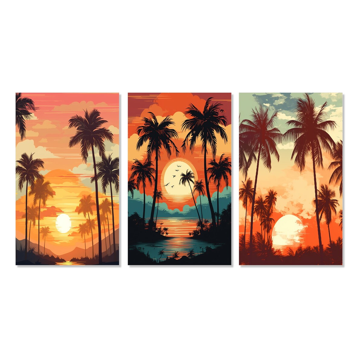 Designart "Sun Setting over Palm Trees Retro Illustration II" Meadow Yellow - Printed Art Set Of 3 For Bedroom