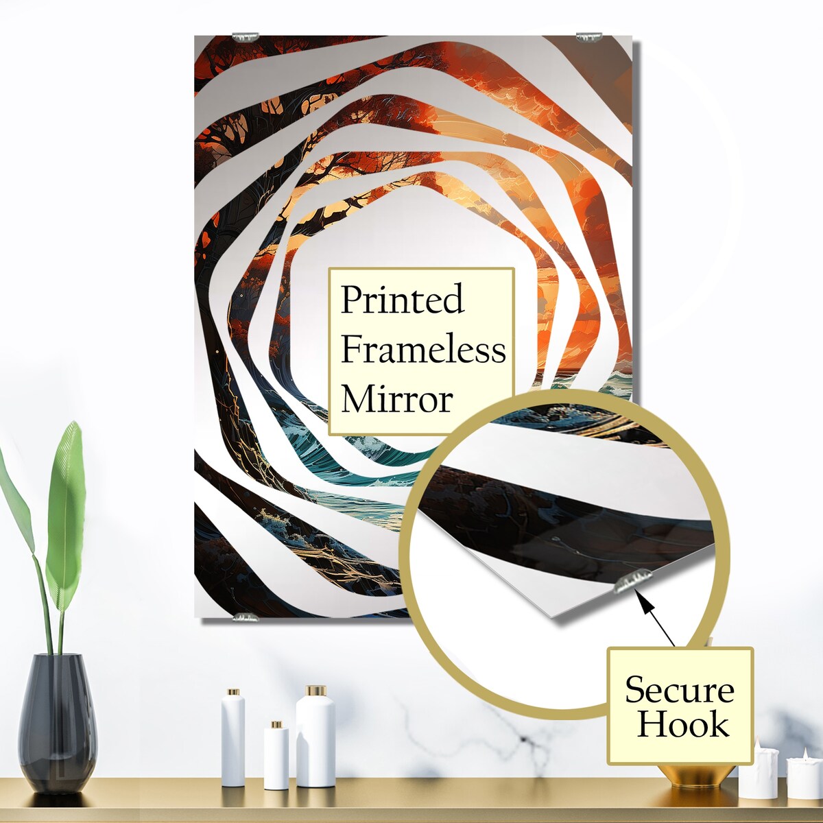 Designart "Sunset Coastal Waves Melody" Abstract Landscapes Mirror Green - Modern Mirror For Wall Art Decor