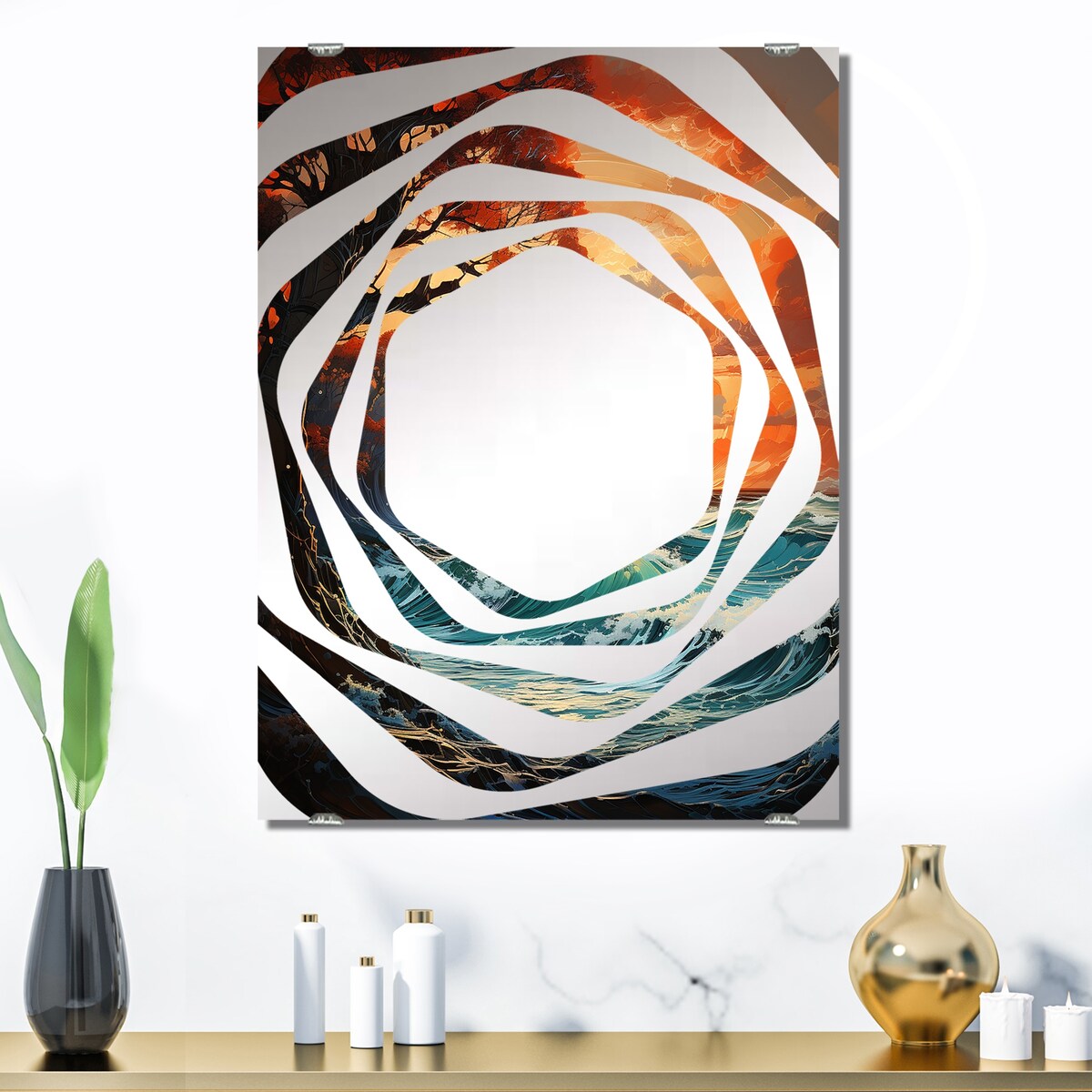 Designart "Sunset Coastal Waves Melody" Abstract Landscapes Mirror Green - Modern Mirror For Wall Art Decor