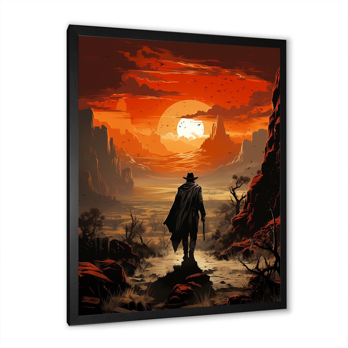 Designart "Sunset Wild Westcowboy I" Cowboys Wall Decor Black - Southwestern Entryway Framed Wall Art Print
