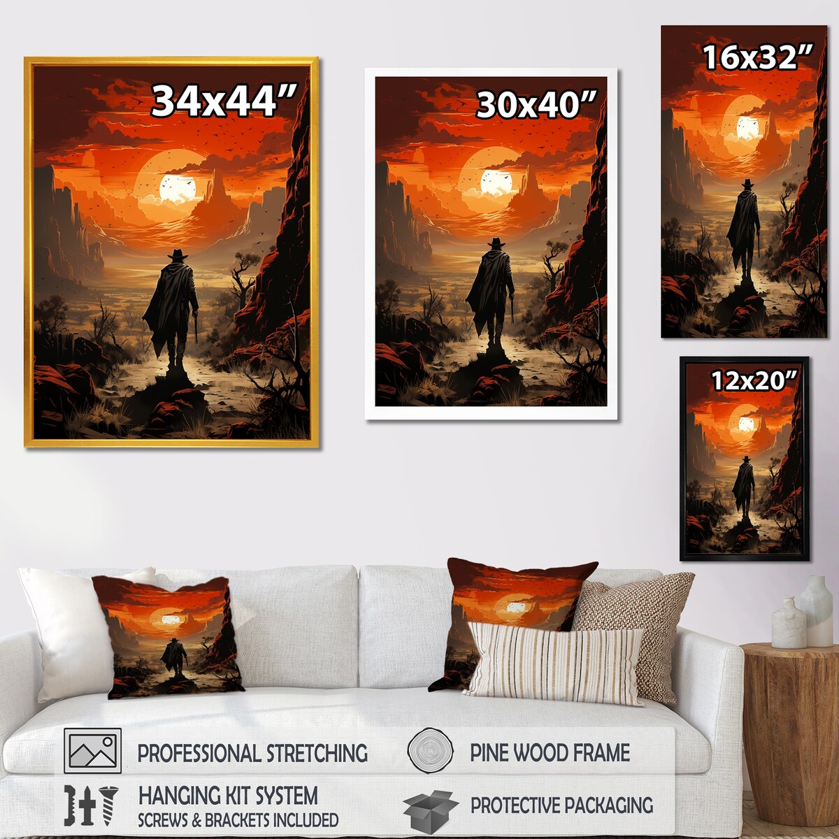 Designart "Sunset Wild Westcowboy I" Cowboys Wall Decor Black - Southwestern Entryway Framed Wall Art Print