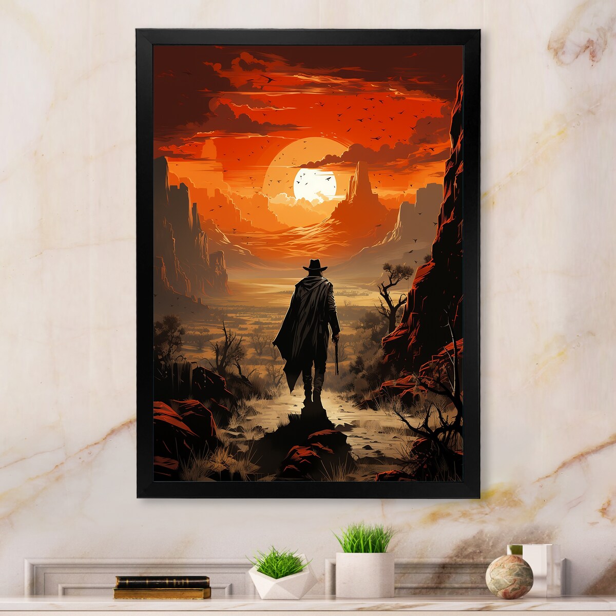 Designart "Sunset Wild Westcowboy I" Cowboys Wall Decor Black - Southwestern Entryway Framed Wall Art Print