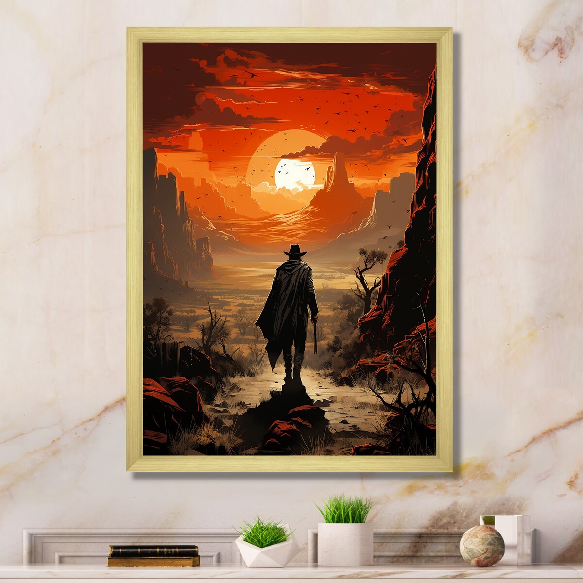 Designart "Sunset Wild Westcowboy I" Cowboys Wall Decor Black - Southwestern Entryway Framed Wall Art Print