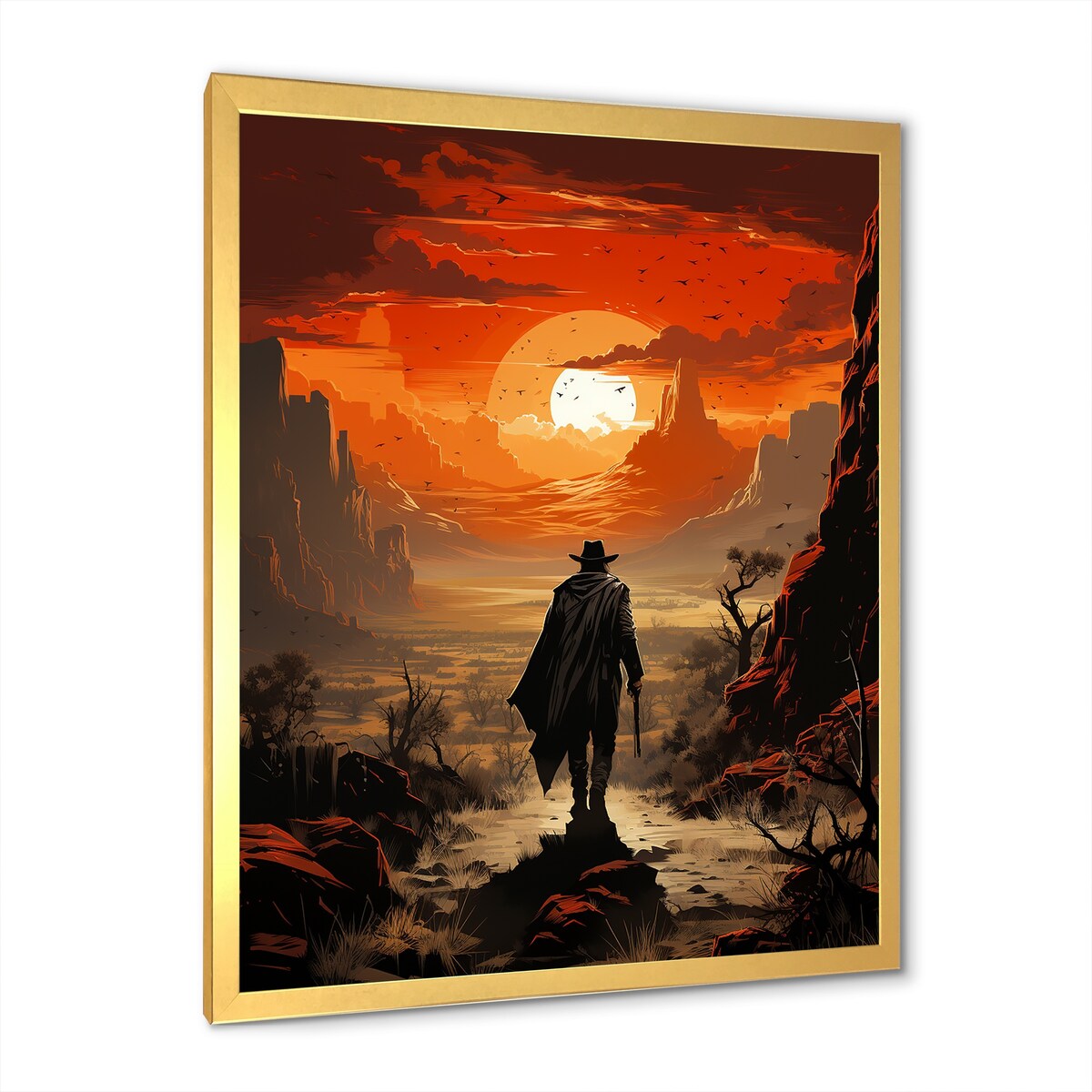 Designart "Sunset Wild Westcowboy I" Cowboys Wall Decor Black - Southwestern Entryway Framed Wall Art Print