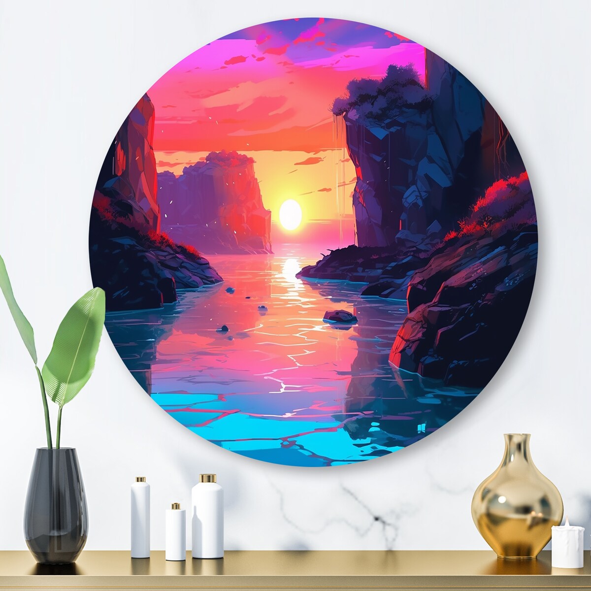 Designart "Sunset"S Embrace At The Beach II" Modern Landscape Beach Metal Round Wall Art