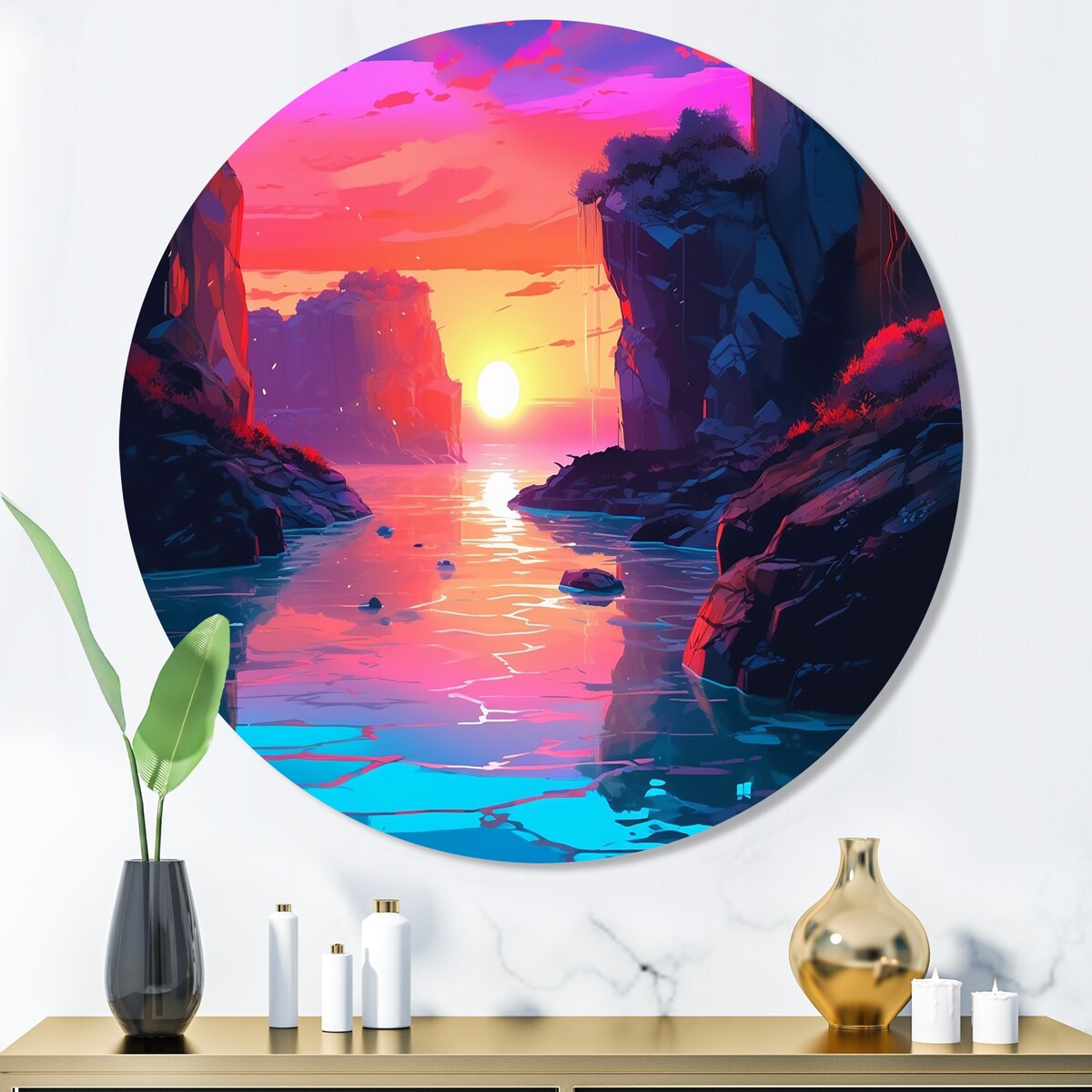 Designart "Sunset"S Embrace At The Beach II" Modern Landscape Beach Metal Round Wall Art