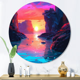Designart "Sunset"S Embrace At The Beach II" Modern Landscape Beach Metal Round Wall Art