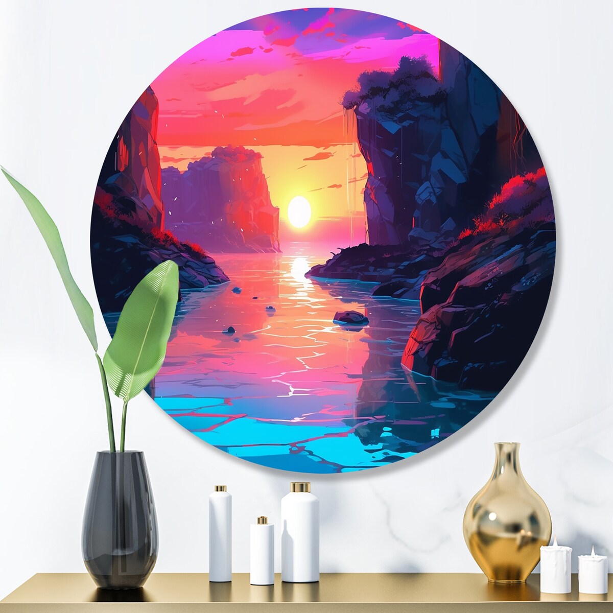 Designart "Sunset"S Embrace At The Beach II" Modern Landscape Beach Metal Round Wall Art