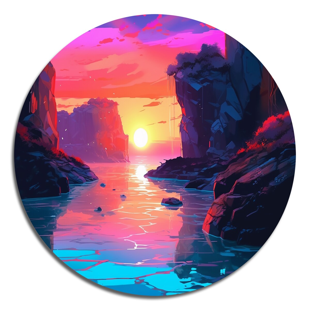 Designart "Sunset"S Embrace At The Beach II" Modern Landscape Beach Metal Round Wall Art