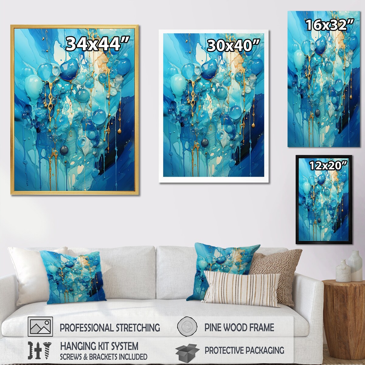 Designart "Symphony White And Blue Drip Painting I" Drip Painting Framed Wall Art Prints
