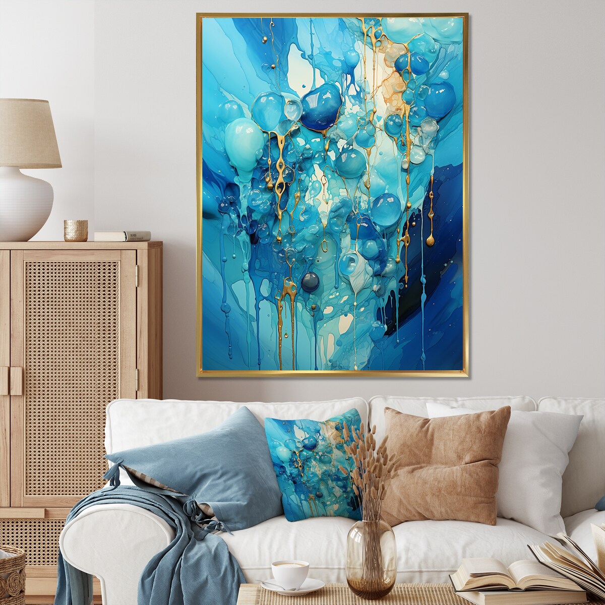 Designart "Symphony White And Blue Drip Painting I" Drip Painting Framed Wall Art Prints