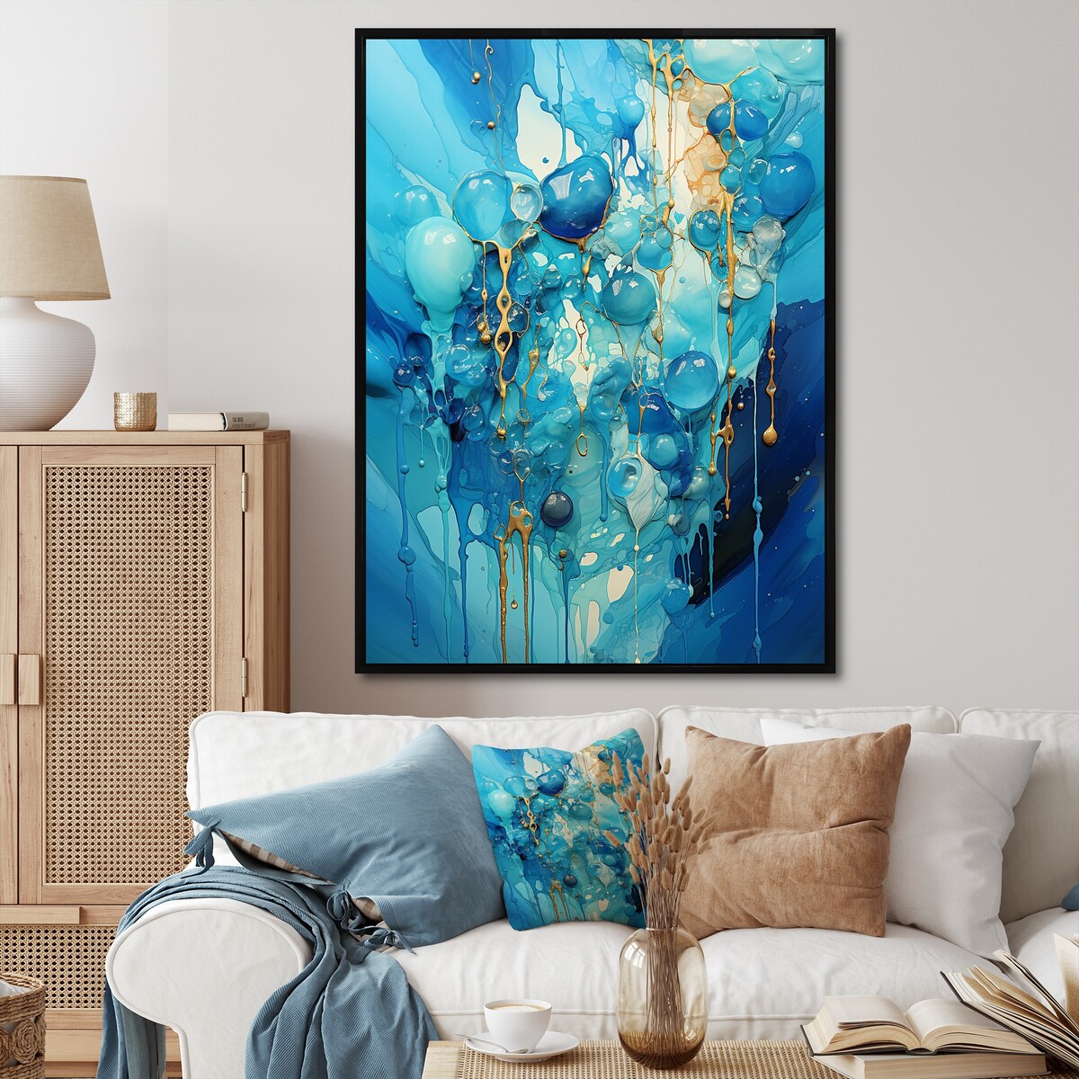 Designart "Symphony White And Blue Drip Painting I" Drip Painting Framed Wall Art Prints