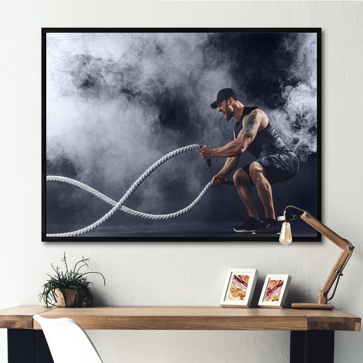 Designart "Tattooed Bearded Male Exercising" Aerobic & Bodybuilding Framed Wall Decor
