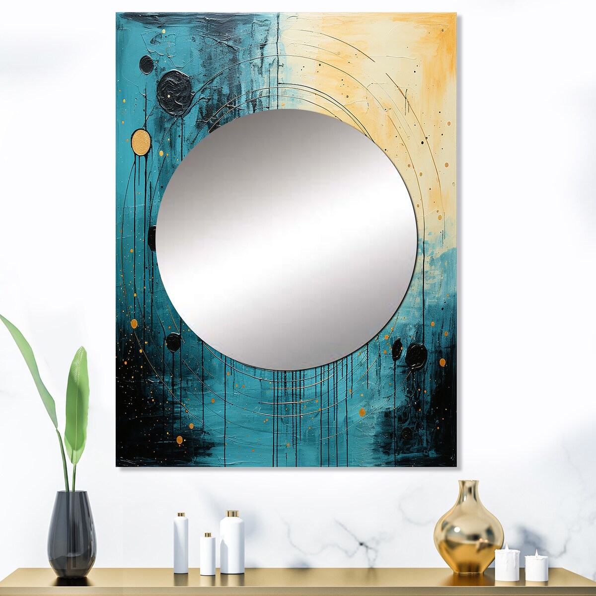 Designart "Teal And Black Minimalism Moon I" Abstract Collages Mirror Blue - Modern Large Mirror For Wall Art Decor