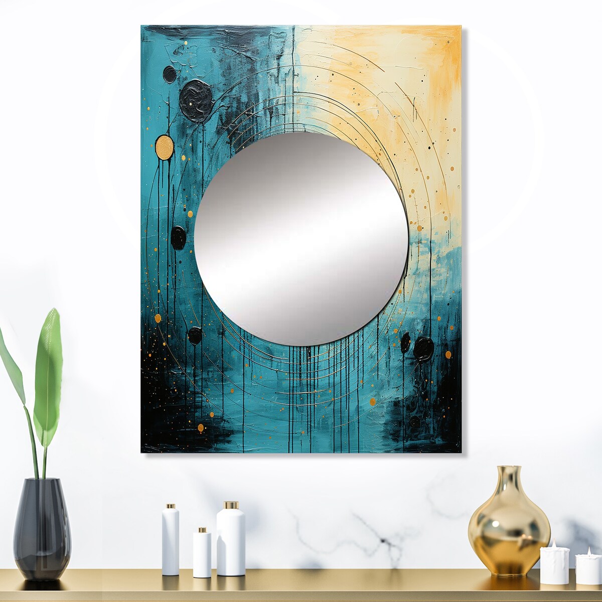 Designart "Teal And Black Minimalism Moon I" Abstract Collages Mirror Blue - Modern Large Mirror For Wall Art Decor