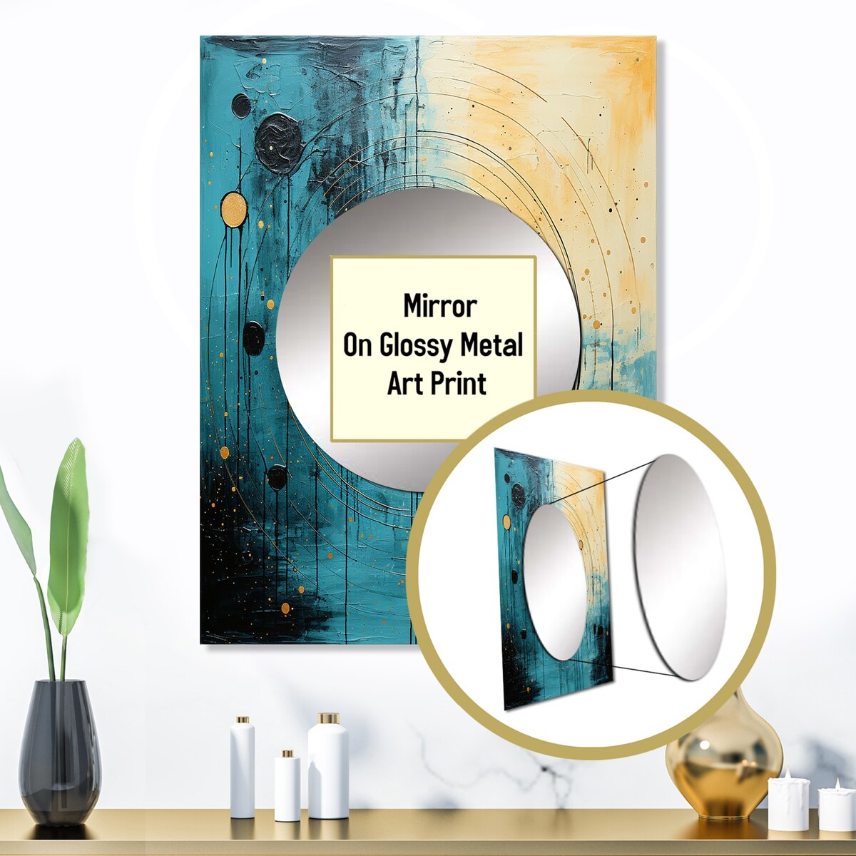 Designart "Teal And Black Minimalism Moon I" Abstract Collages Mirror Blue - Modern Large Mirror For Wall Art Decor