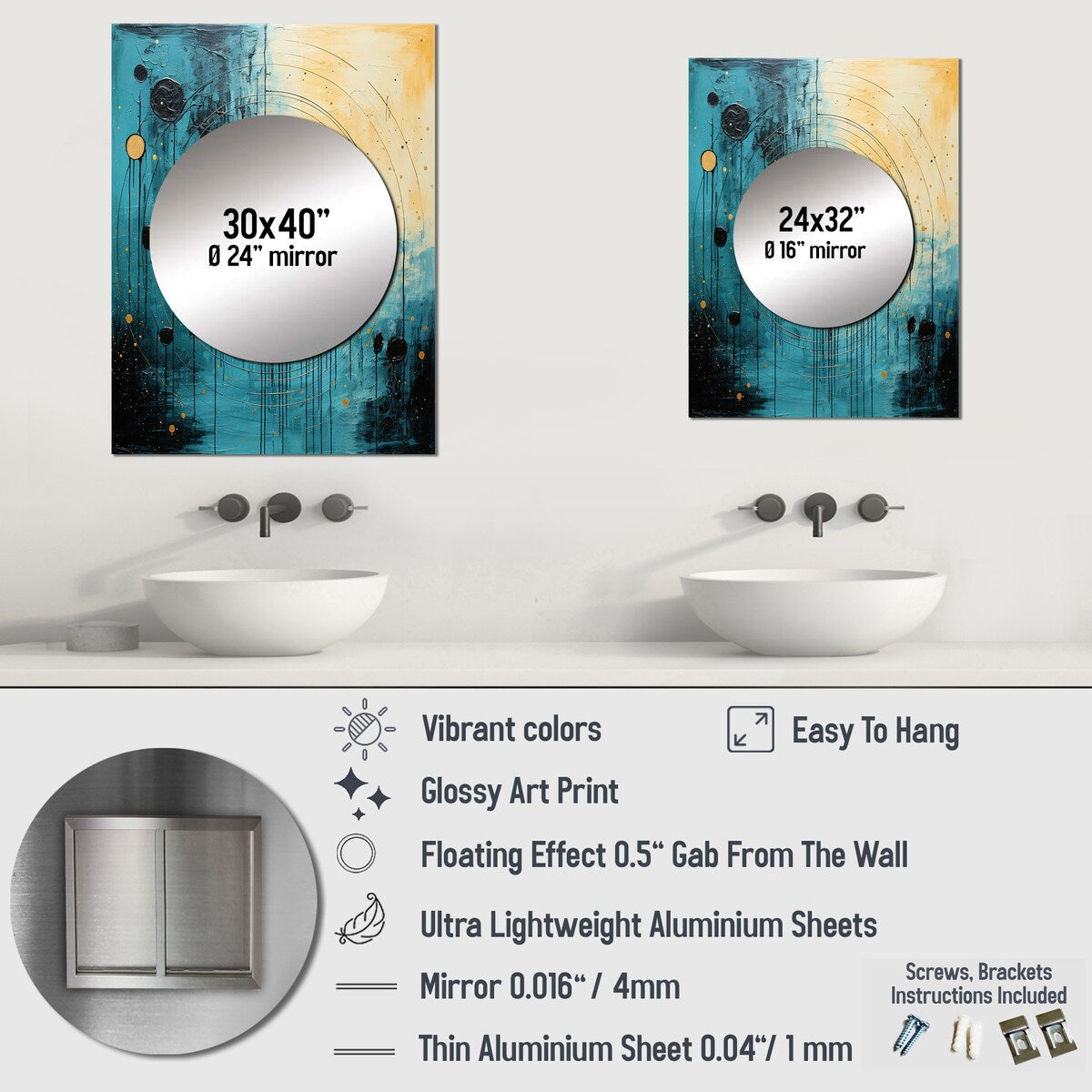 Designart "Teal And Black Minimalism Moon I" Abstract Collages Mirror Blue - Modern Large Mirror For Wall Art Decor