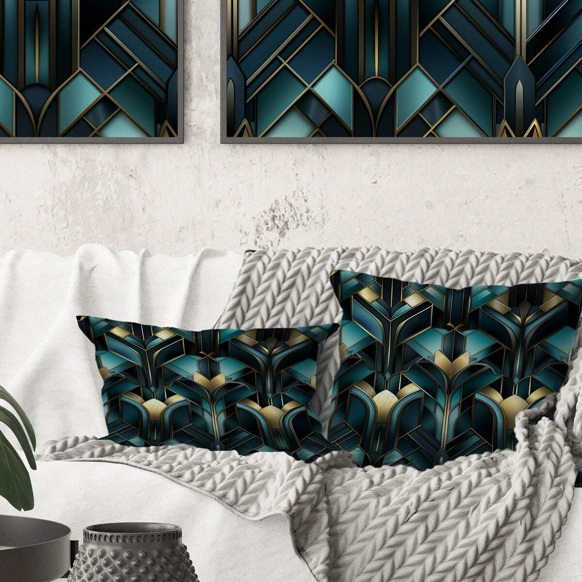 Designart "Teal And Gold Art Deco Geometric Glamour II" Damask Printed Throw Pillow