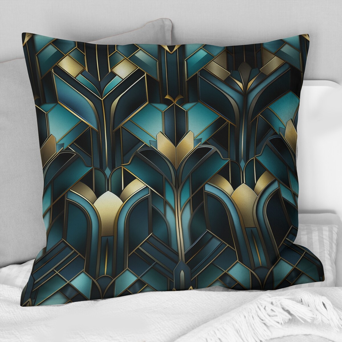 Designart "Teal And Gold Art Deco Geometric Glamour II" Damask Printed Throw Pillow