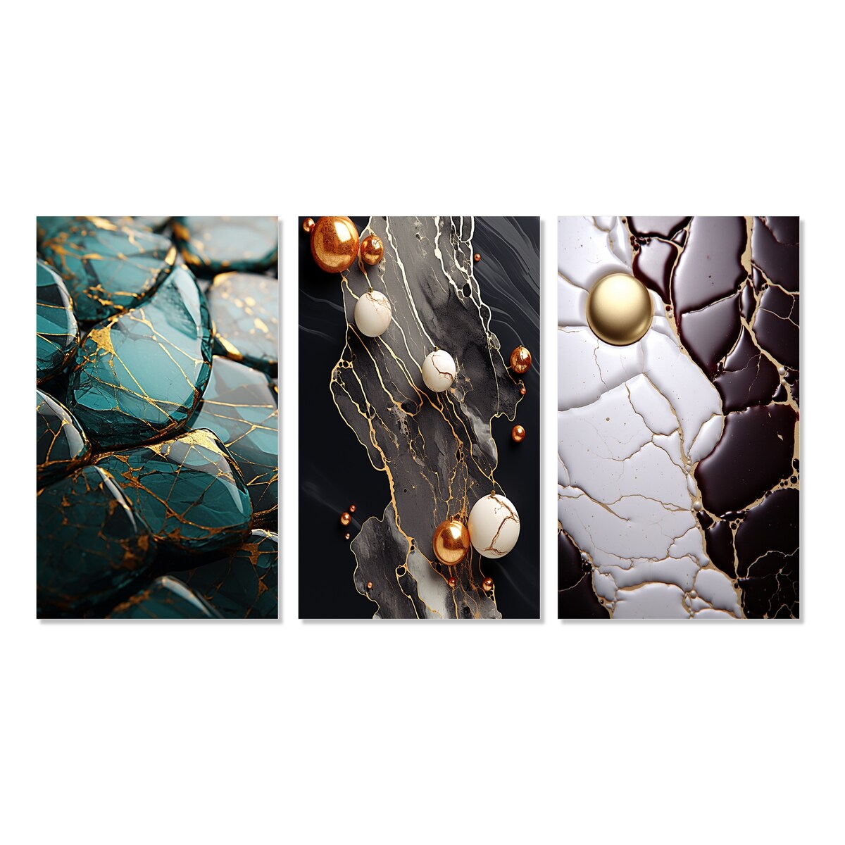 Designart "Teal And Gold Marble Art" Abstract Painting Wall Art Set Of 3 - Modern Printed Art Set For Bedroom