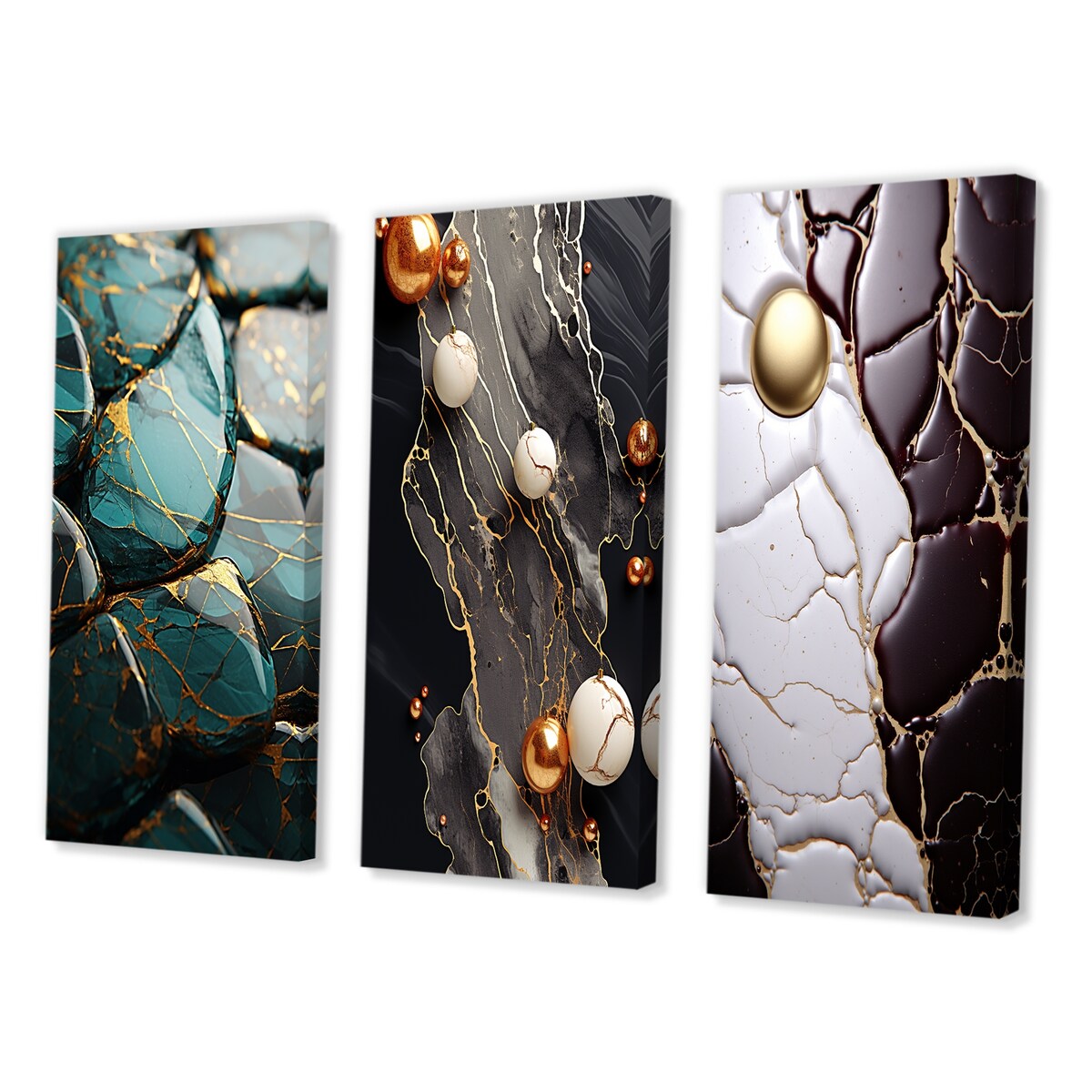 Designart "Teal And Gold Marble Art" Abstract Painting Wall Art Set Of 3 - Modern Printed Art Set For Bedroom
