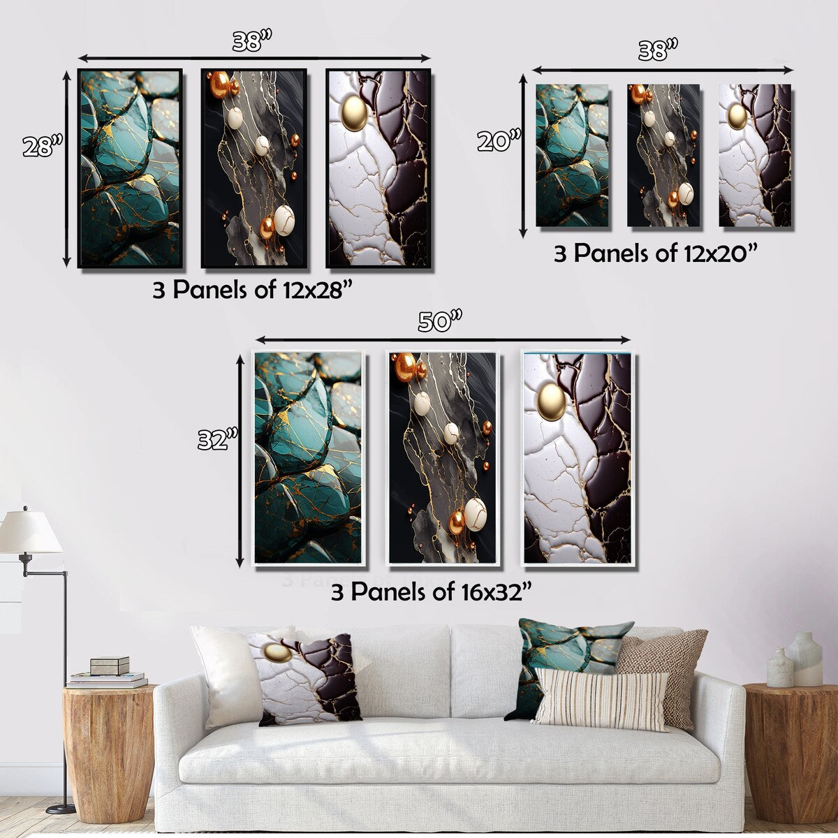 Designart "Teal And Gold Marble Art" Abstract Painting Wall Art Set Of 3 - Modern Printed Art Set For Bedroom