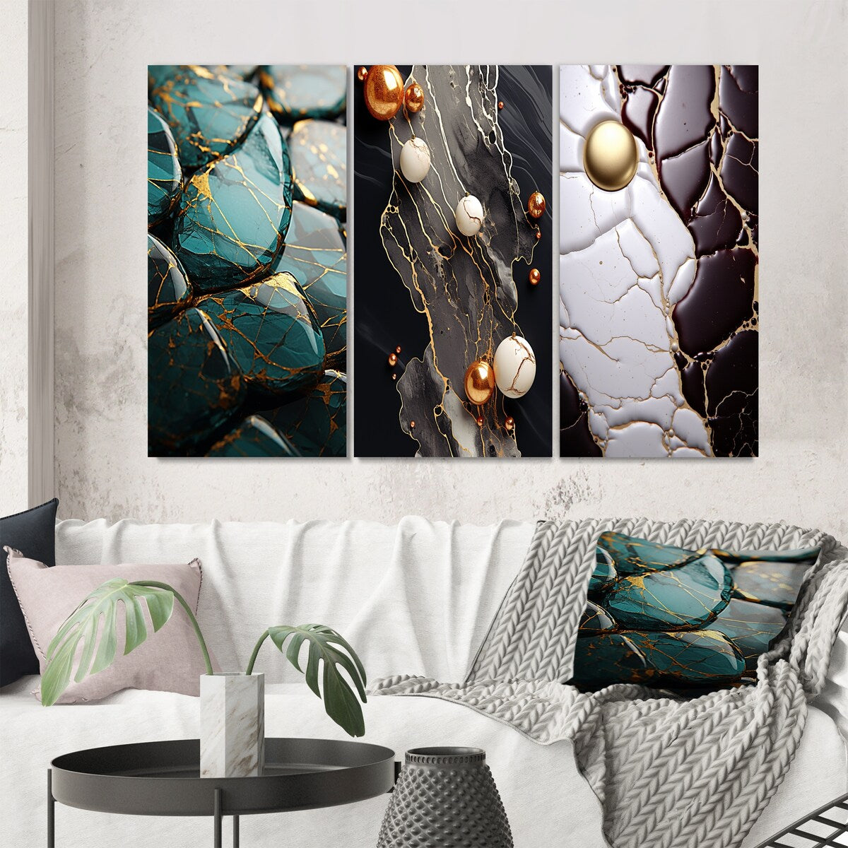 Designart "Teal And Gold Marble Art" Abstract Painting Wall Art Set Of 3 - Modern Printed Art Set For Bedroom