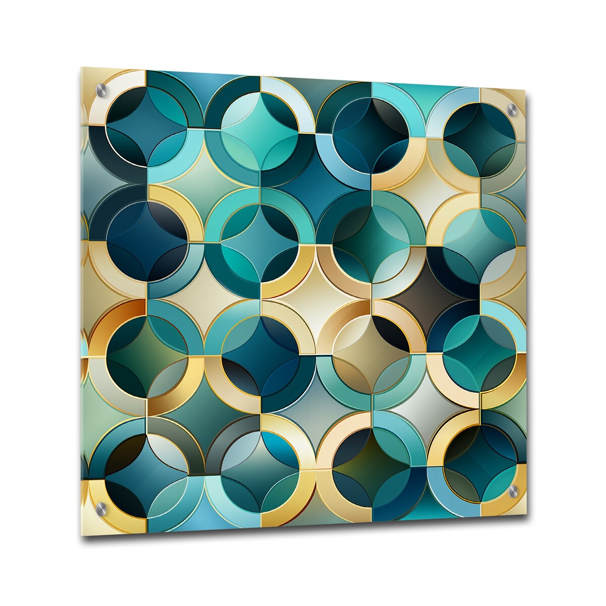 Designart "Teal And Golden Modern Geometric Tiles" Abstract Gloss Wall Decor - Modern Acrylic Wall Art For Hallway Decor