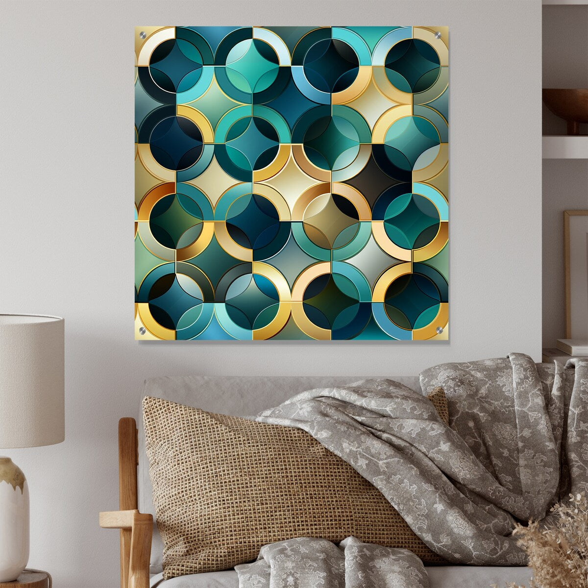 Designart "Teal And Golden Modern Geometric Tiles" Abstract Gloss Wall Decor - Modern Acrylic Wall Art For Hallway Decor
