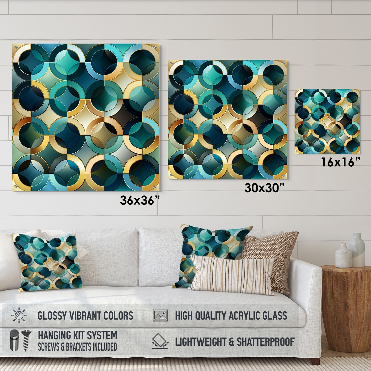 Designart "Teal And Golden Modern Geometric Tiles" Abstract Gloss Wall Decor - Modern Acrylic Wall Art For Hallway Decor