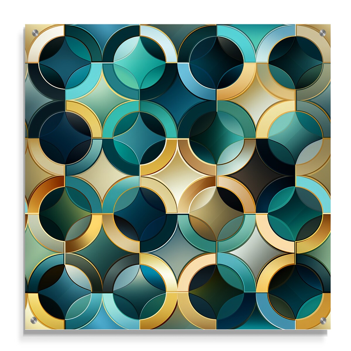 Designart "Teal And Golden Modern Geometric Tiles" Abstract Gloss Wall Decor - Modern Acrylic Wall Art For Hallway Decor