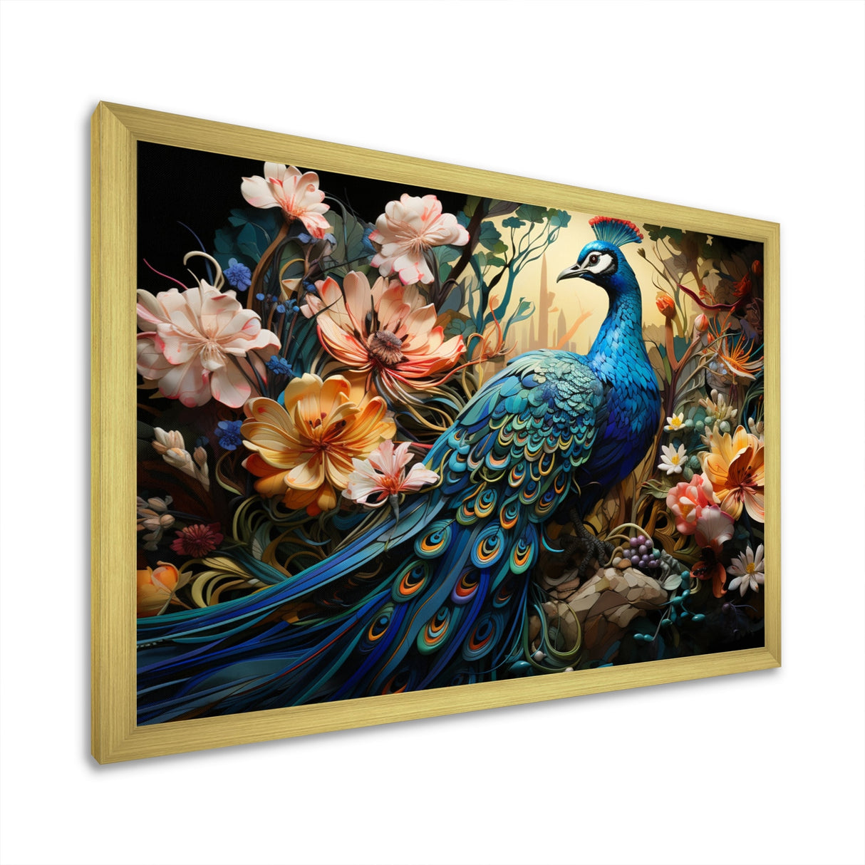 Designart "Teal Peacock Parade I" Animals Framed Wall Decor