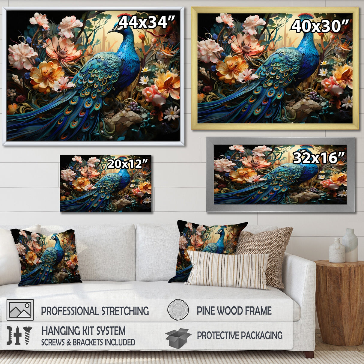 Designart "Teal Peacock Parade I" Animals Framed Wall Decor
