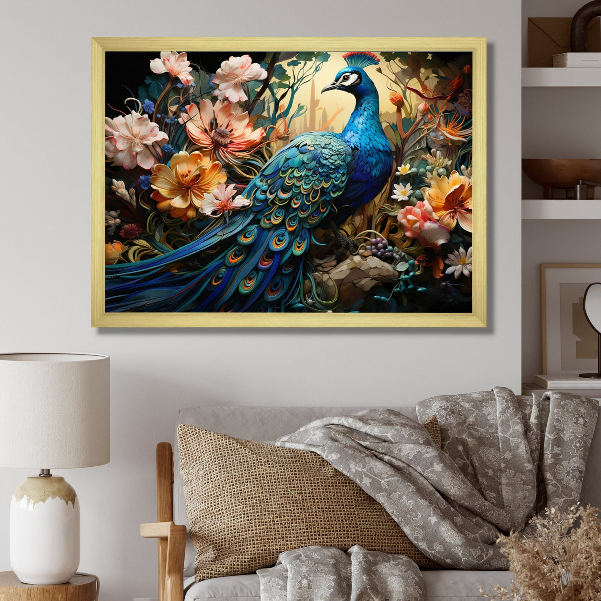 Designart "Teal Peacock Parade I" Animals Framed Wall Decor