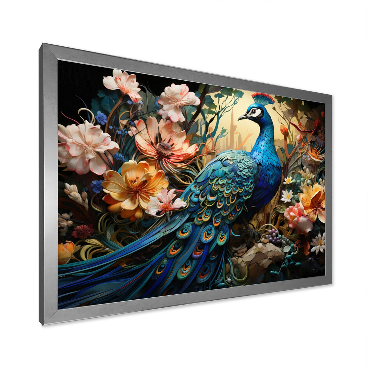 Designart "Teal Peacock Parade I" Animals Framed Wall Decor
