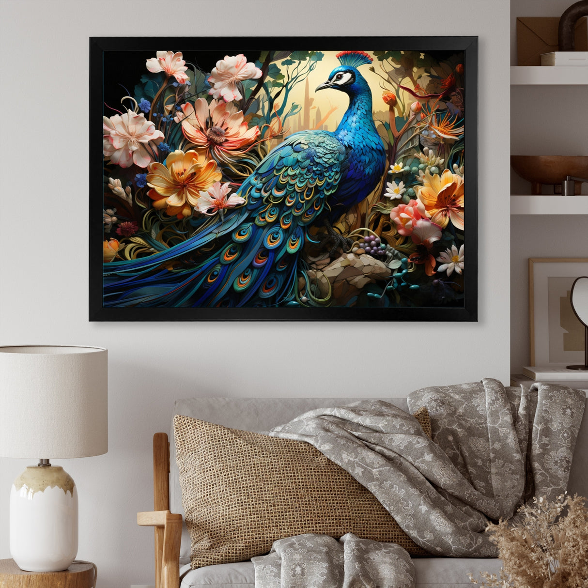 Designart "Teal Peacock Parade I" Animals Framed Wall Decor