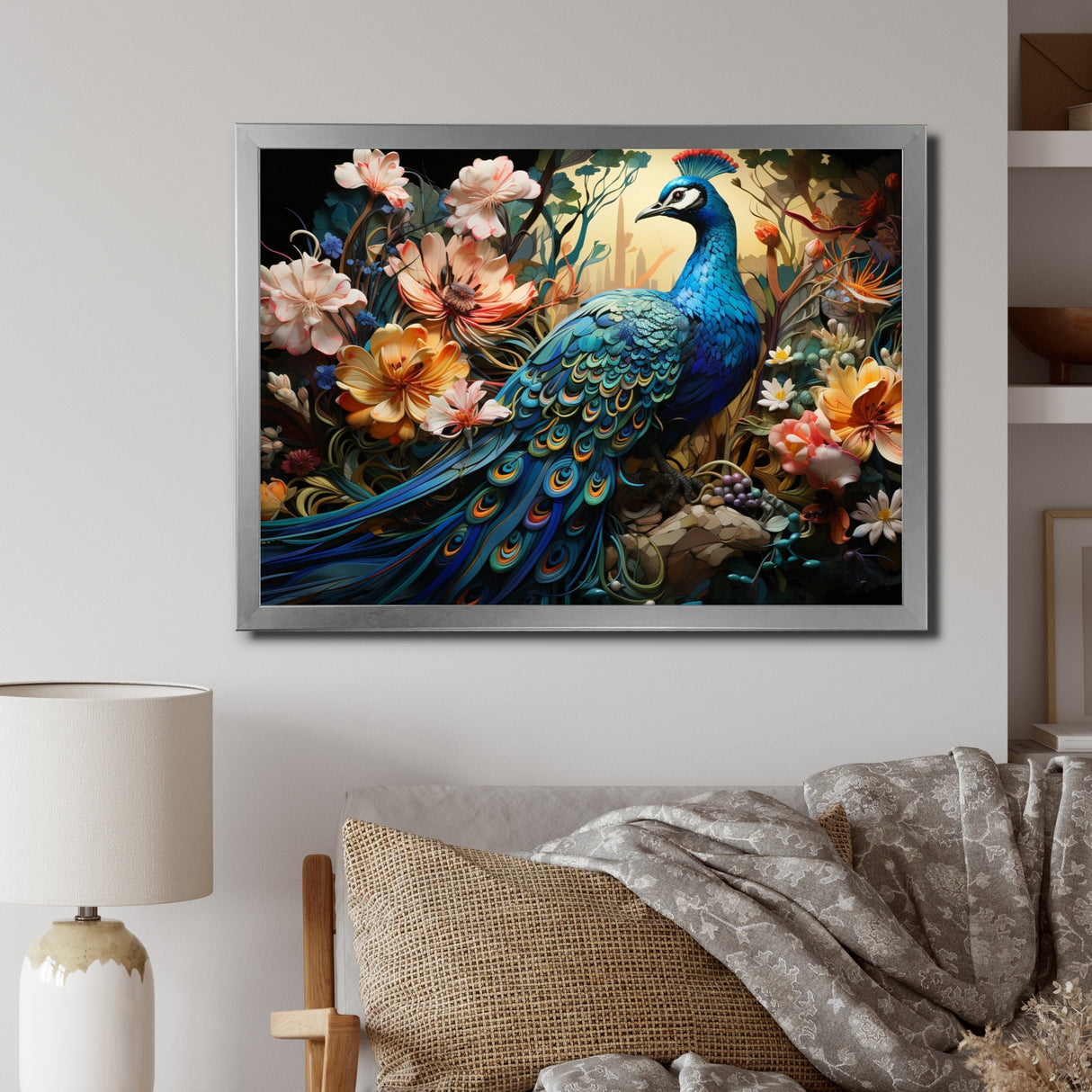 Designart "Teal Peacock Parade I" Animals Framed Wall Decor