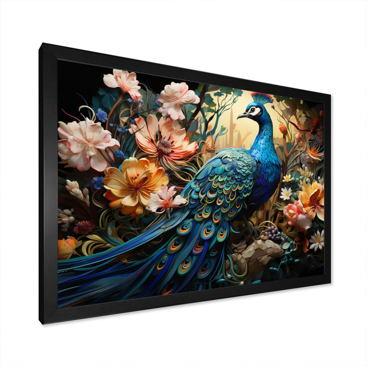 Designart "Teal Peacock Parade I" Animals Framed Wall Decor