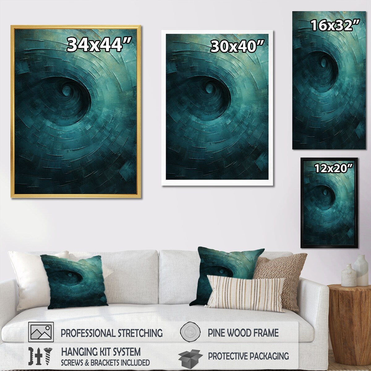 Designart "Teal Twisting Tranquility Spiral I" Abstract Spirals Framed Wall Art Prints